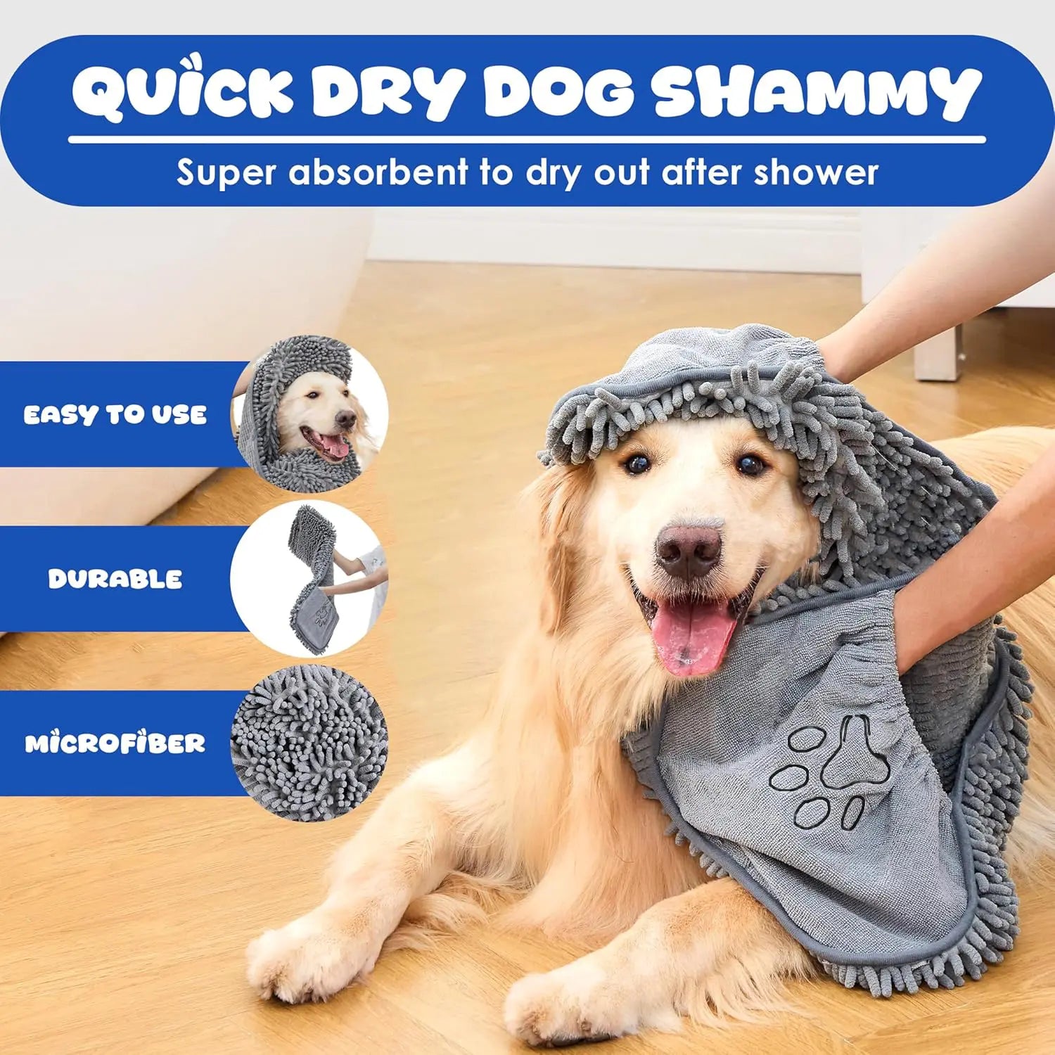 Super Absorbent Microfiber Dog Towel with Hand Pockets - Quick Drying & Machine Washable for Medium to Large Dogs (30" x 13")